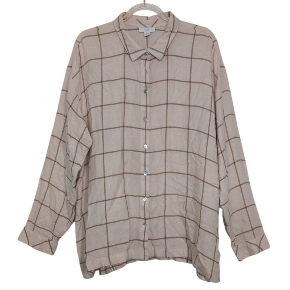 J Jill Windowpane Check Shirt Womens Petite Size Large Beige Check Button Front - Picture 1 of 9